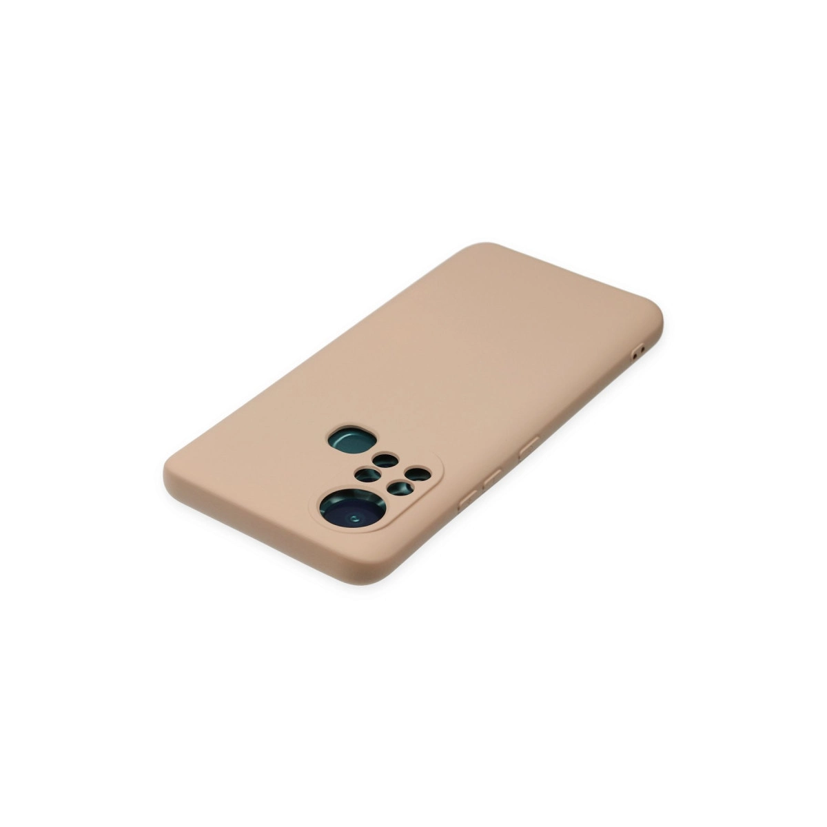 Dört lensli kamera modülü kesimli bej telefon kılıfı.