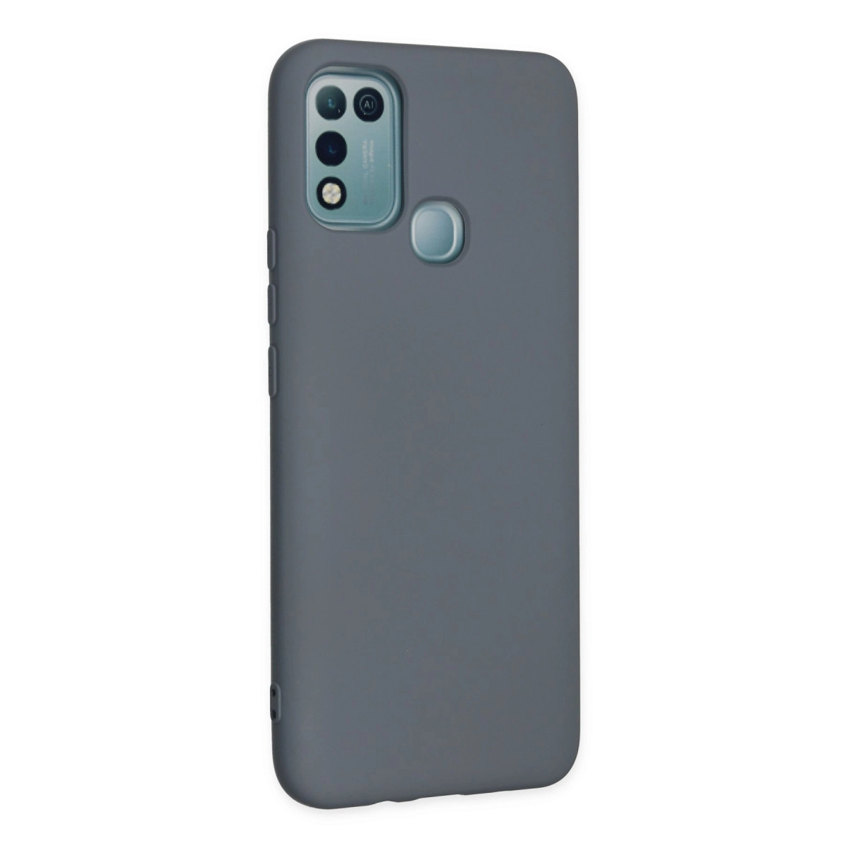 Kamera kesimli ve parmak izi sensörlü gri telefon kılıfı.