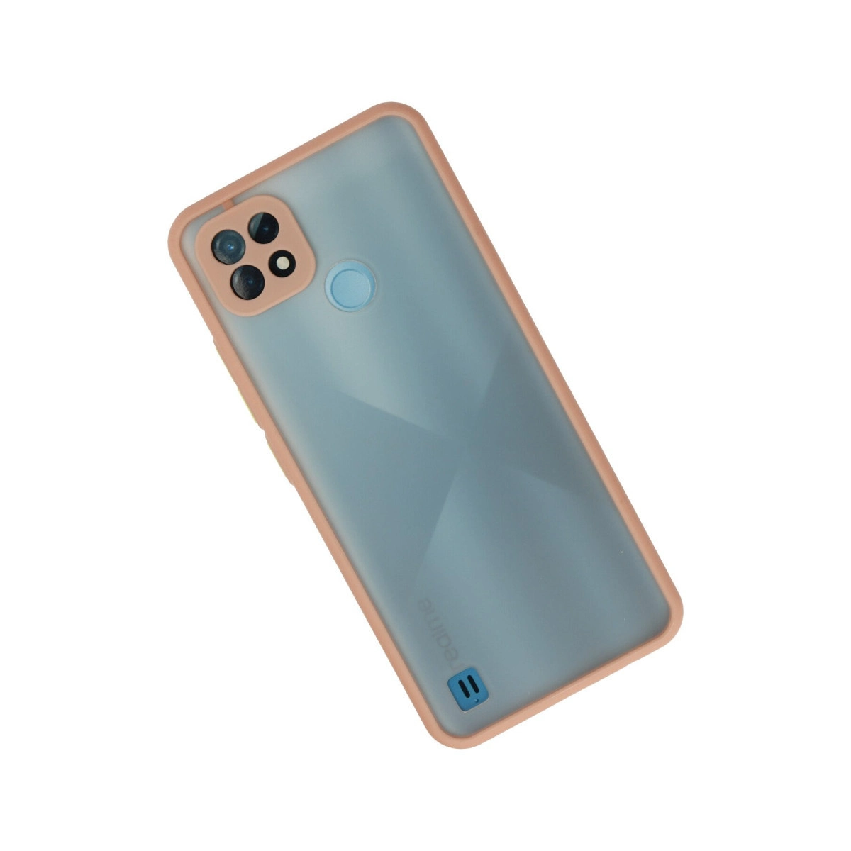 Beyaz zeminde pembe çerçeveli, turkuaz rengi akıllı telefon.