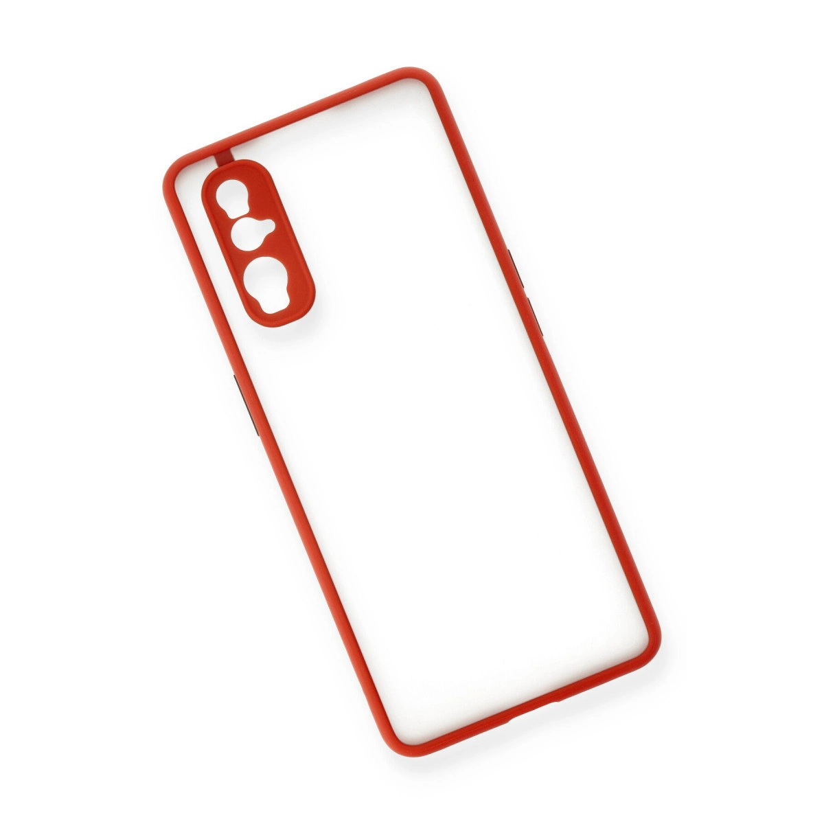 Kırmızı çerçeveli ve kamera kesimli şeffaf telefon kılıfı.