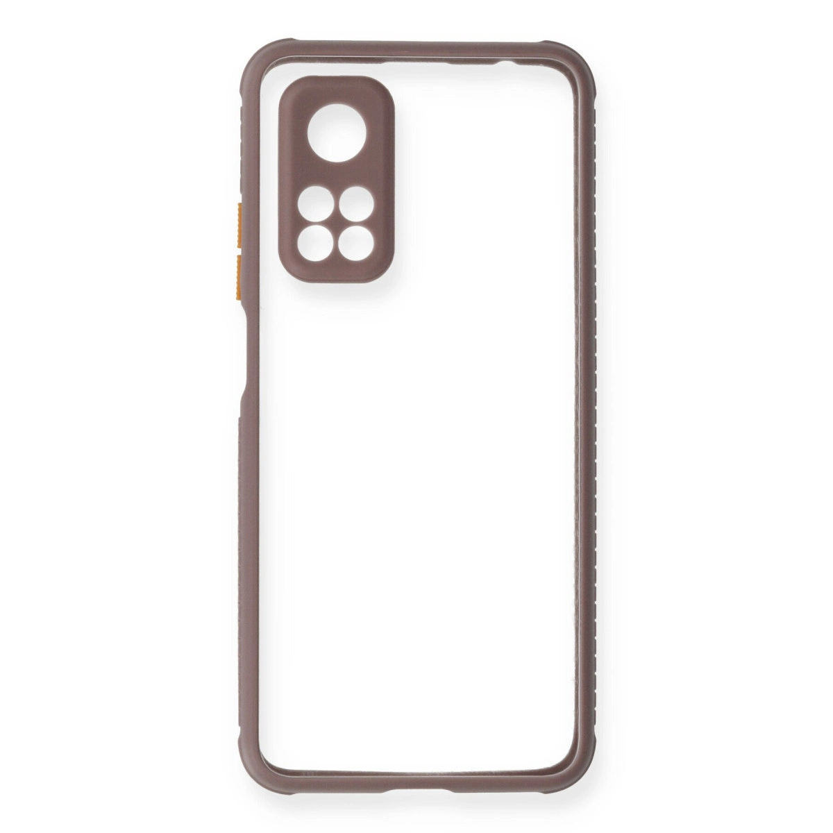 Şeffaf telefon kılıfı, kahverengi kenarlı ve kamera kesimli.