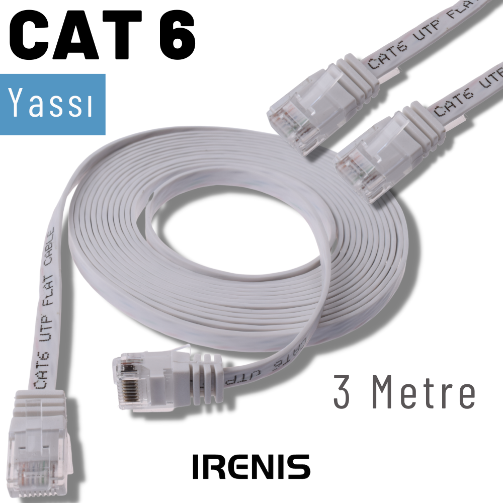IRENIS 3 Metre CAT6 Kablo Yassı Ethernet Network Lan İnternet Ağ Kablosu