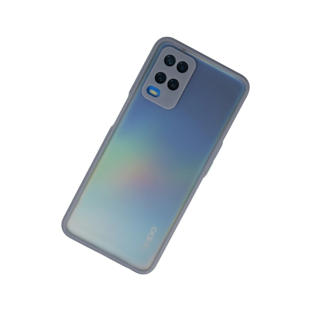 Dört kameralı mavi akıllı telefonun arka yüzü ve Oppo logosu.