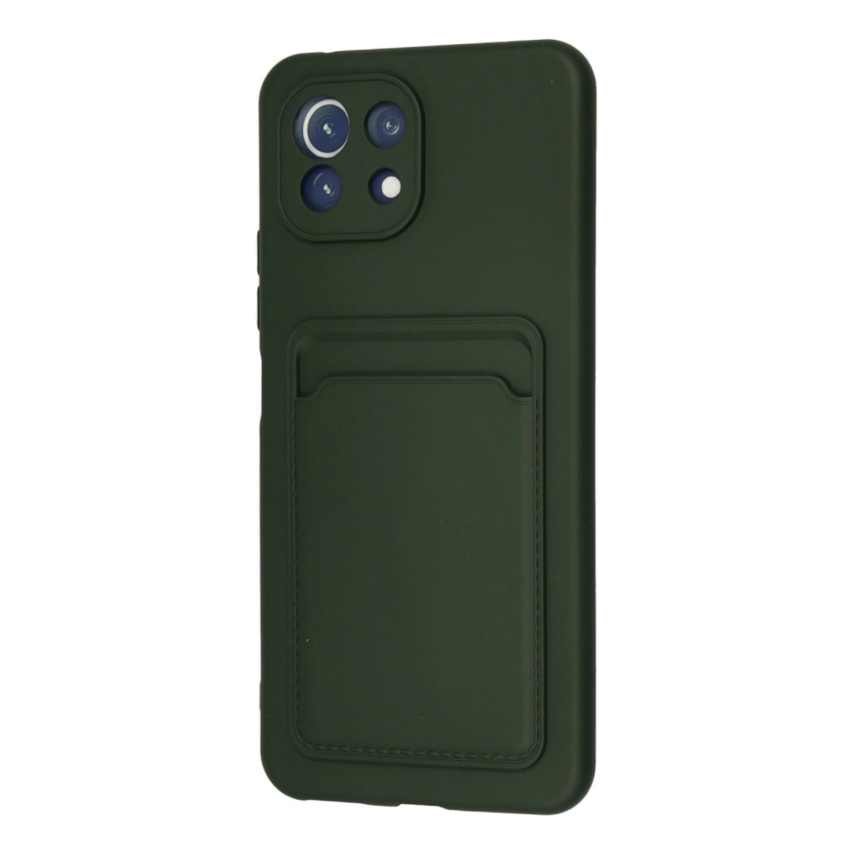 Koyu yeşil telefon kılıfı, kart tutucu ve kamera kesiği.