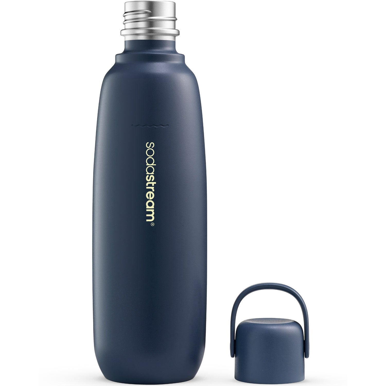 Dark blue Sodastream bottle with silver cap and separate lid.