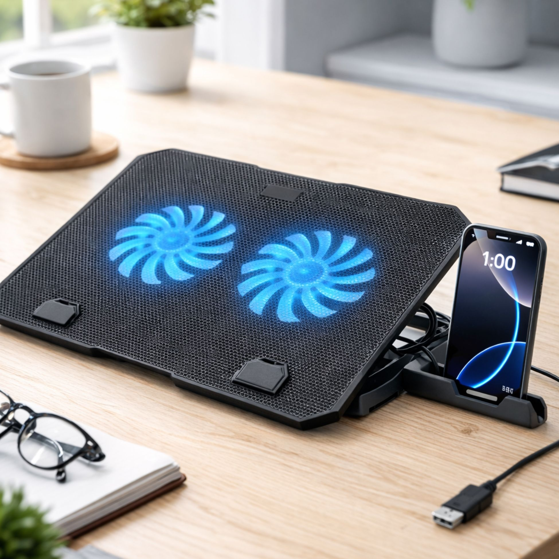 Mavi ışıklı laptop soğutucu, yanında telefon ve not defteri.