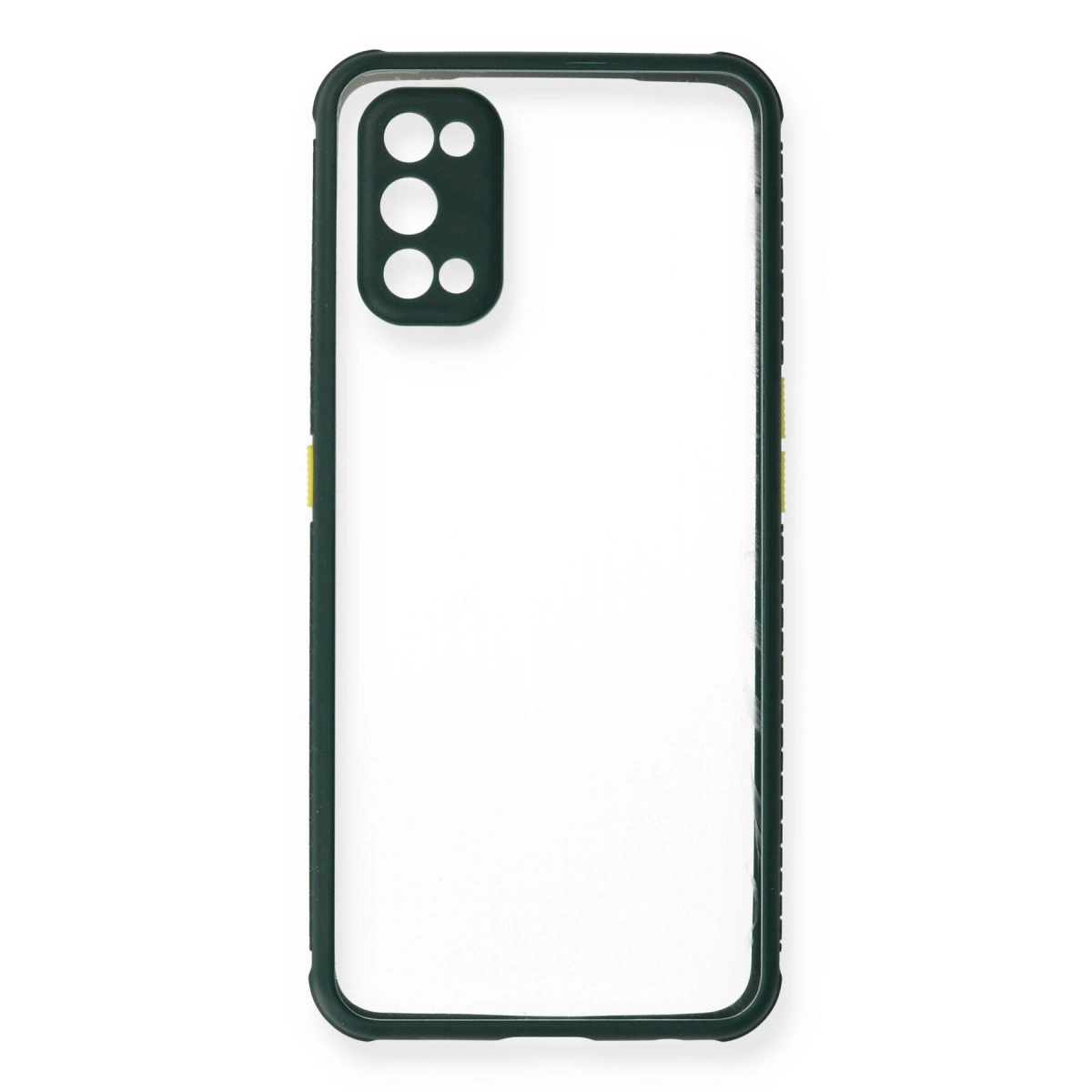 Dört kamera lensi girintili, şeffaf arkalı, koyu yeşil telefon kılıfı.