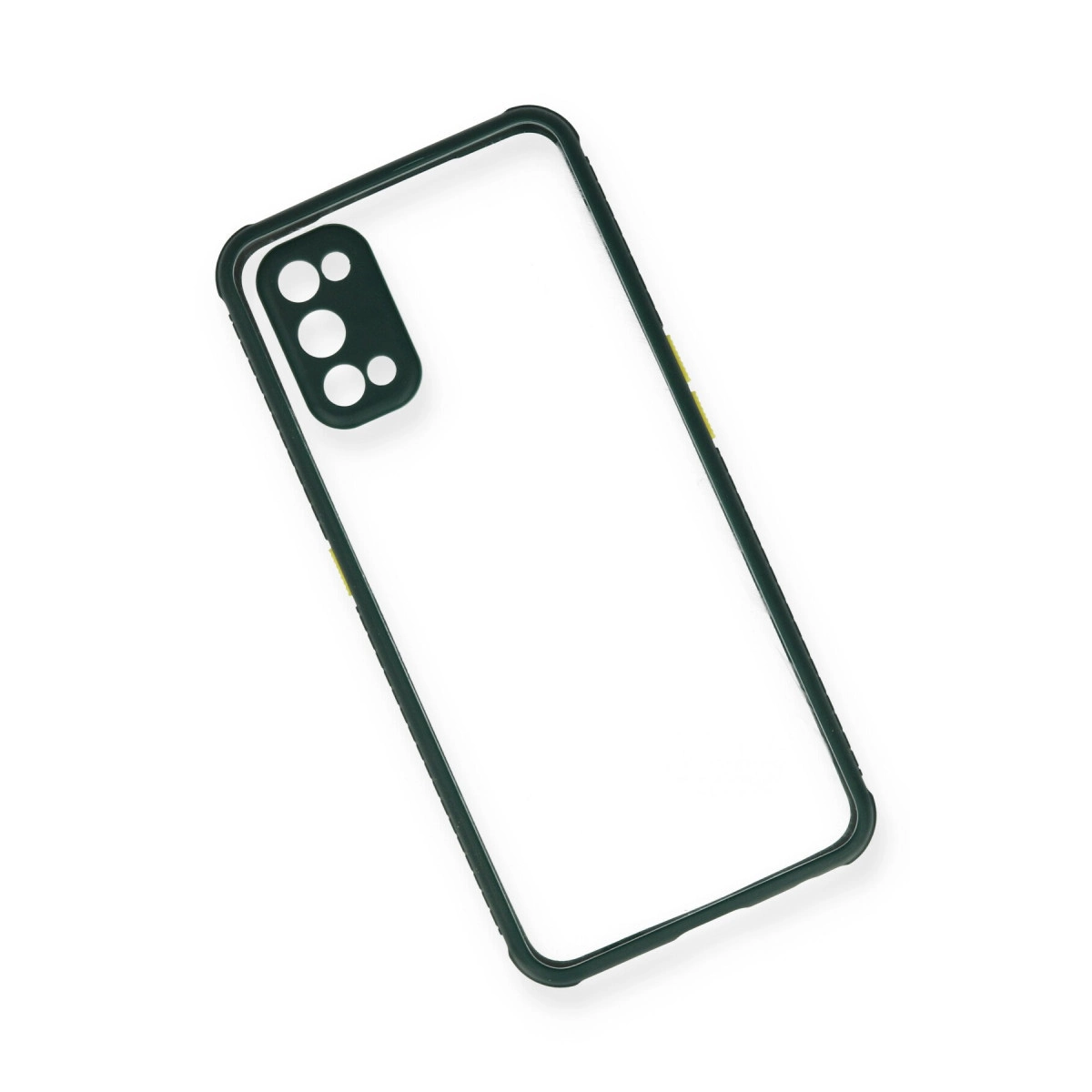 Koyu çerçeveli ve kamera kesimli şeffaf telefon kılıfı.