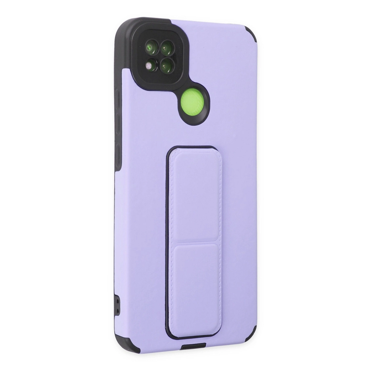 Siyah kamera modüllü ve pop-out stantlı açık mor telefon kılıfı.