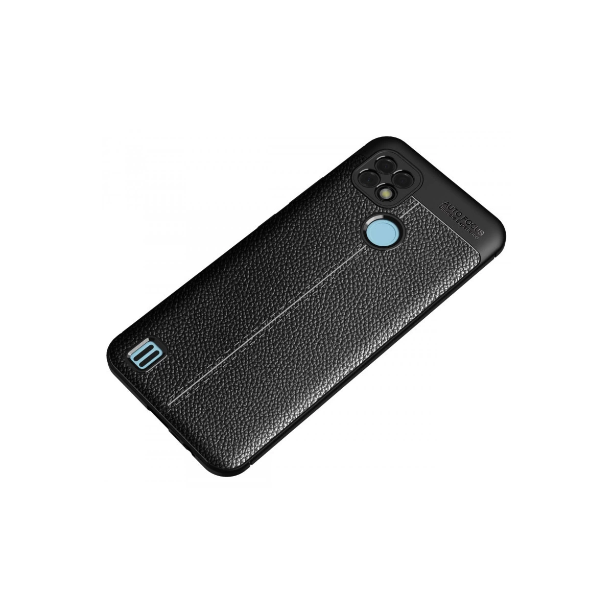 Deri dokulu siyah telefon kılıfı, parmak izi sensörü ve kamera modülü.