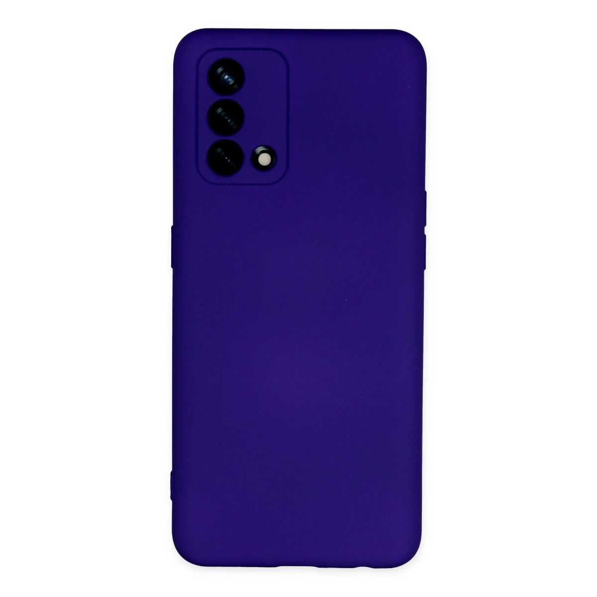 Üç arka kamerası olan koyu mor telefon kılıfı.