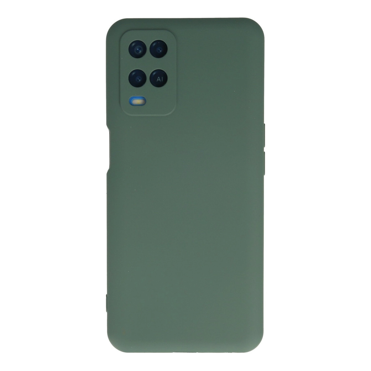 Dört kamera lensi ve flaşı olan yeşil telefon kılıfı.