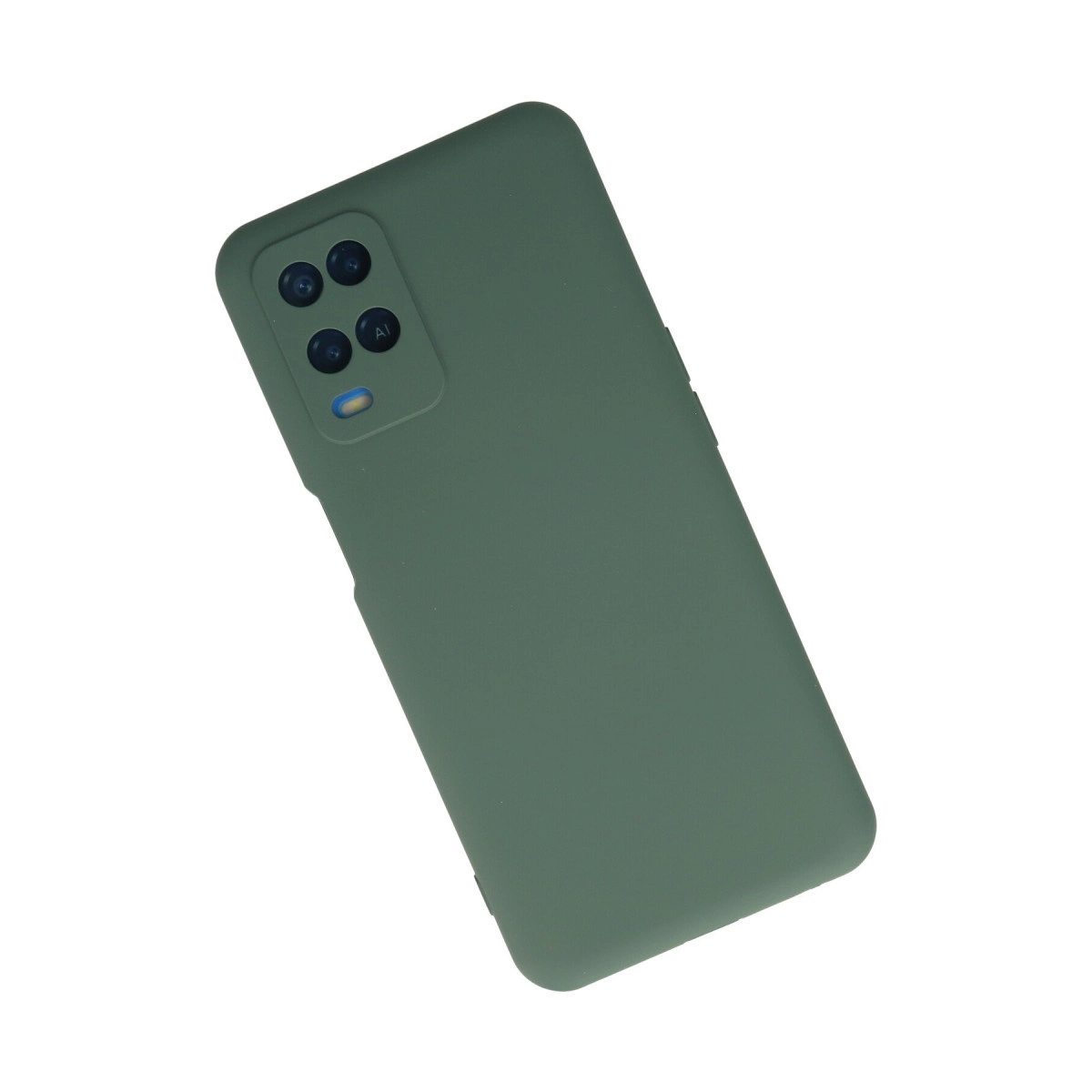 Arkada dörtlü kamera kurulumu ve flaşlı yeşil telefon kılıfı.