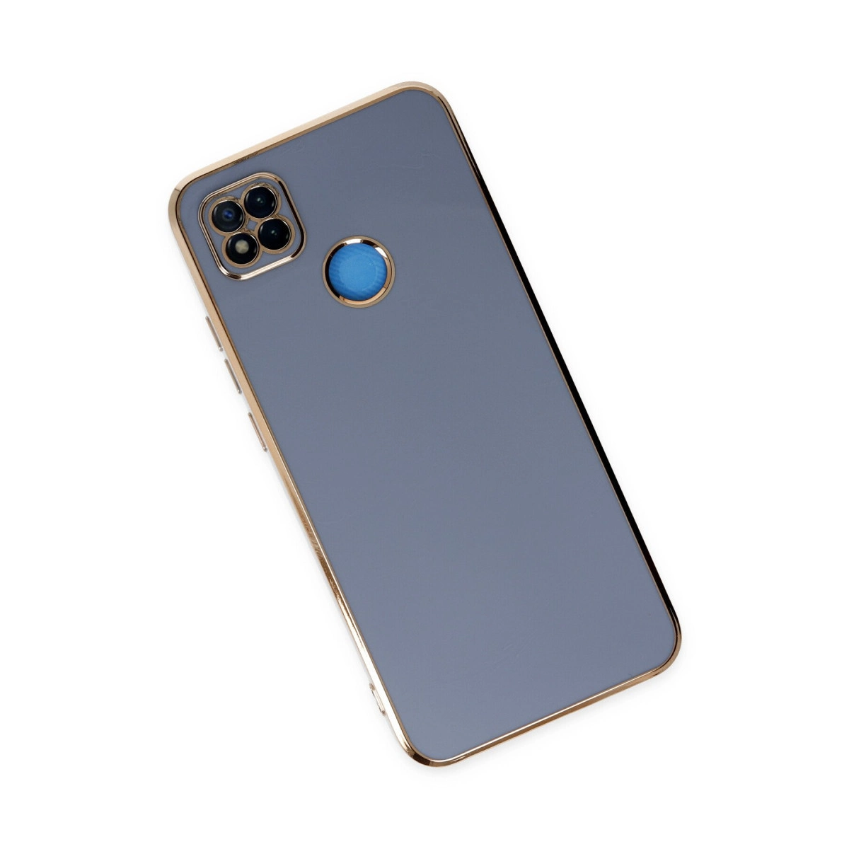 Altın kenarlı, kameralı ve mavi halkalı gri telefon kılıfı.