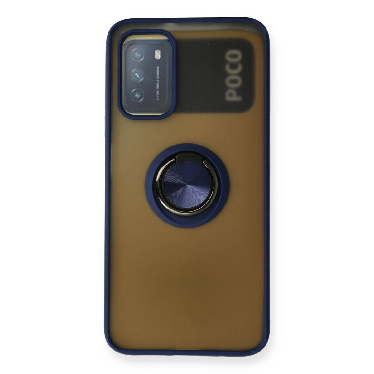 POCO logolu ve halka tutuculu kahverengi telefon kılıfının arkası.