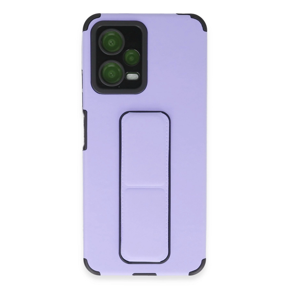 Entegre stantlı, siyah kamera çevreli mor telefon kılıfı.