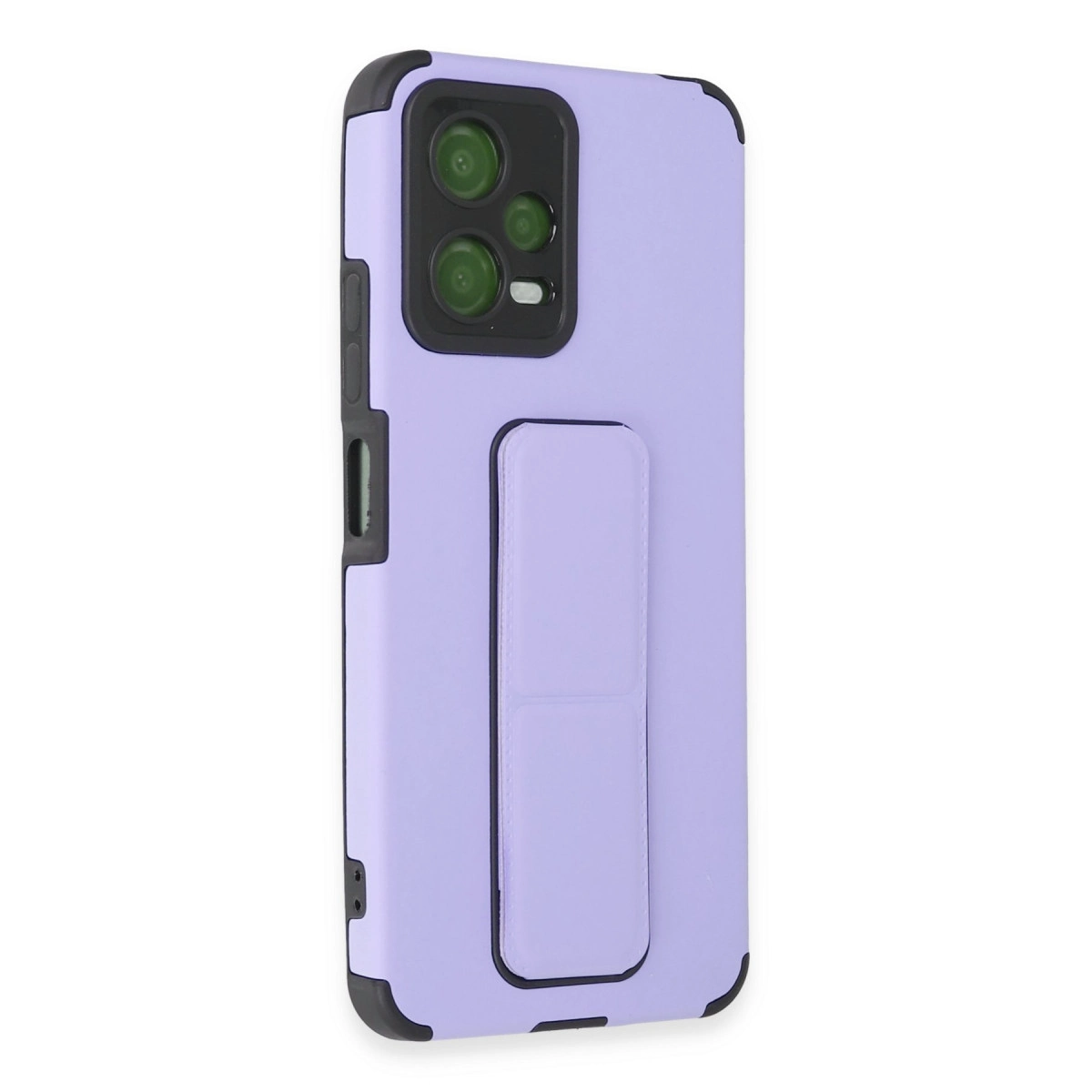 Entegre stantlı, siyah köşeli, lavanta rengi telefon kılıfı.