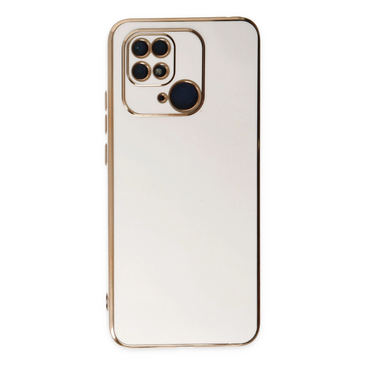 Altın çerçeveli ve kamera modüllü beyaz telefon kılıfı.