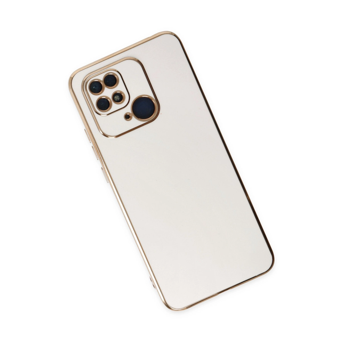 Altın kenarlı ve kamera modüllü beyaz telefon kılıfı.
