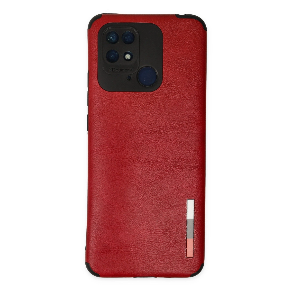Üç lensli siyah kamera modülüne sahip kırmızı telefon kılıfı.