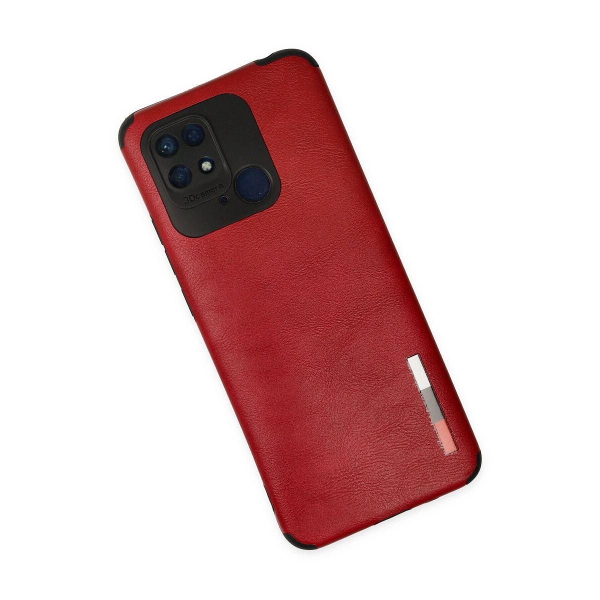 Üç lensli siyah kamera modülüne sahip kırmızı telefon kılıfı.