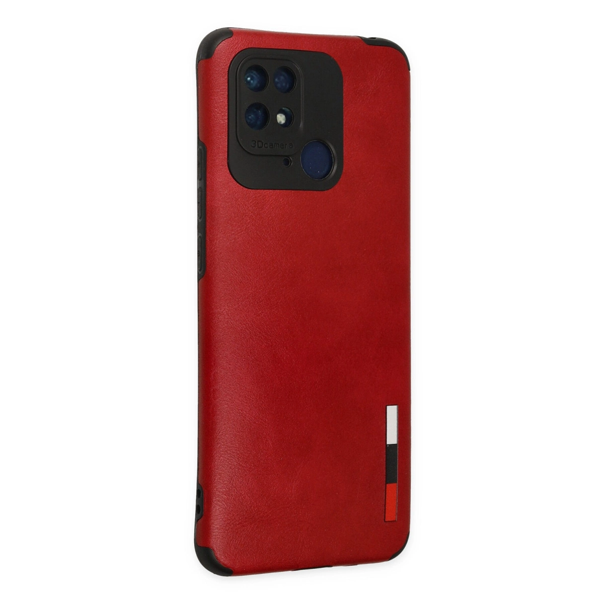 Üç lensli siyah kamera modülüne sahip kırmızı telefon kılıfı.