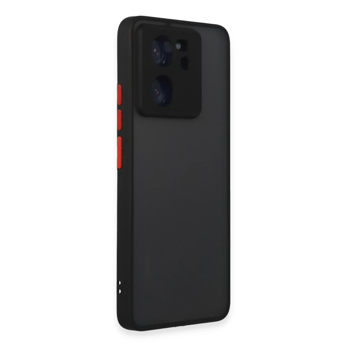 Kırmızı düğmeli ve kamera yuvalı siyah telefon kılıfı.