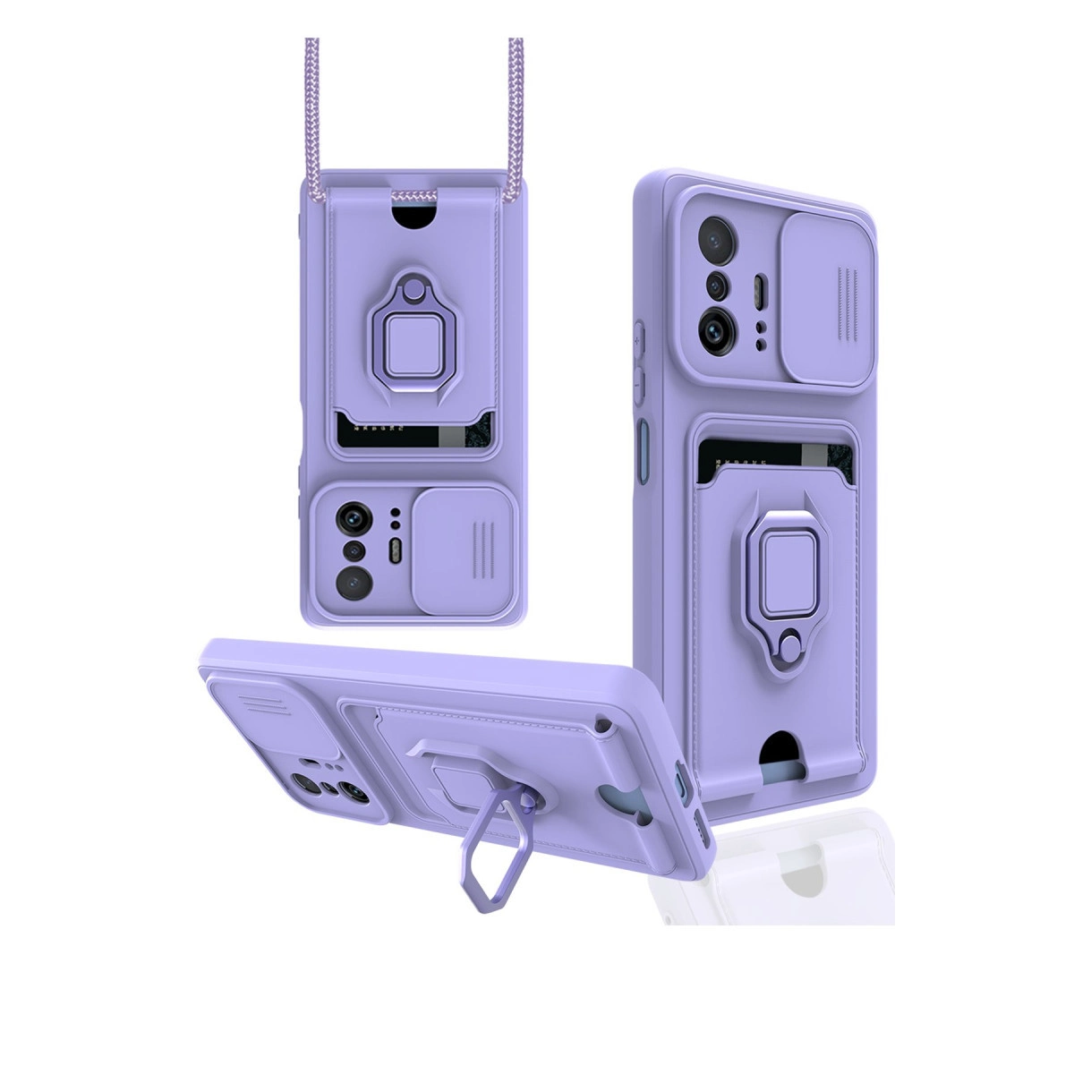 Kamera kapaklı, kart tutuculu ve halka stantlı mor telefon kılıfı.