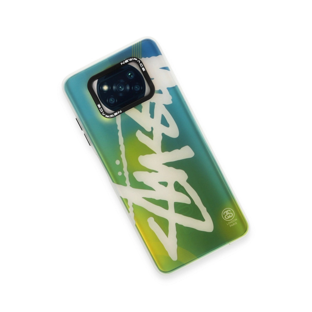 Yeşil ve mavi gradyanlı, beyaz grafitili telefon kılıfı.