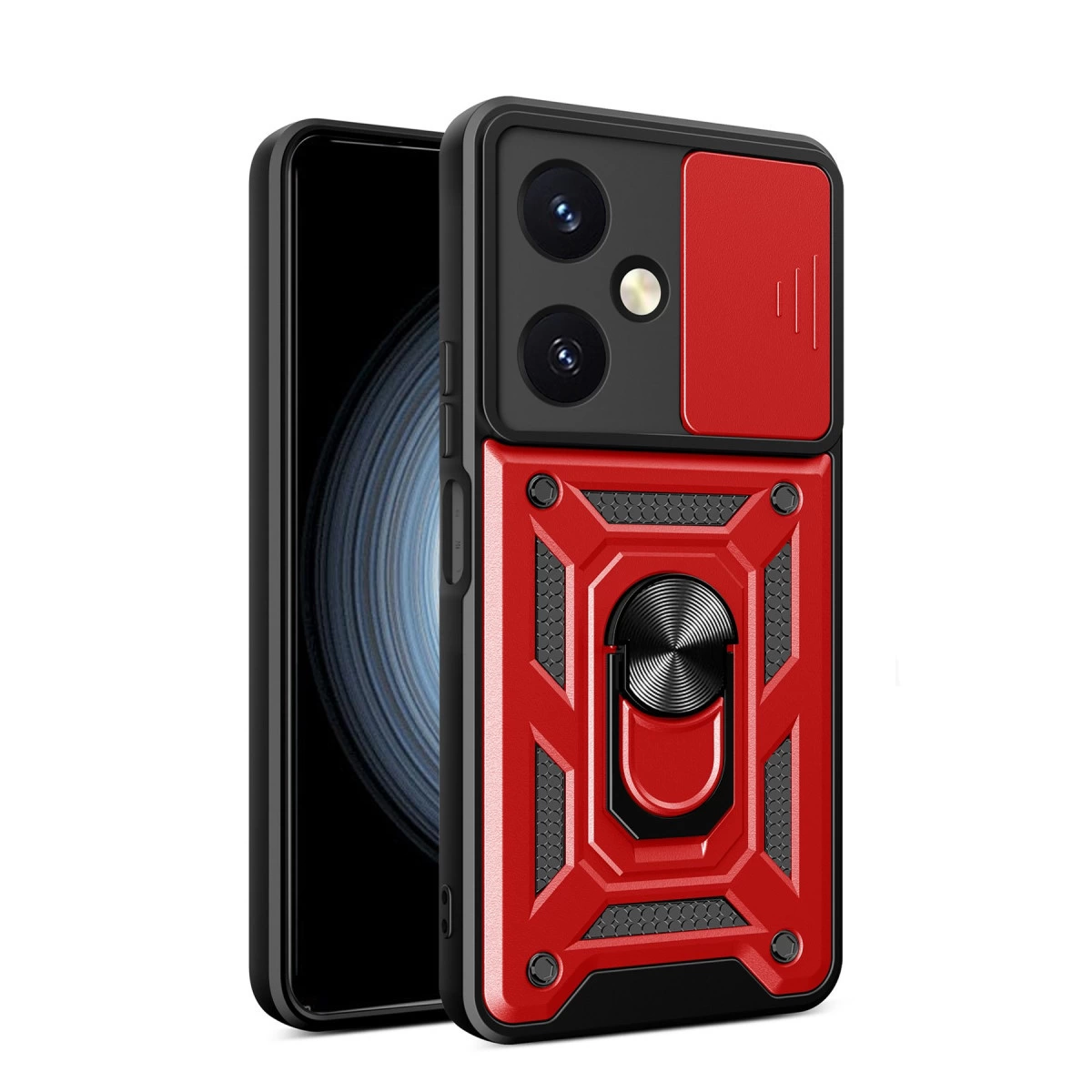 Siyah telefon üzerinde halka tutuculu ve kamera kapağı kaydırıcılı kırmızı telefon kılıfı.