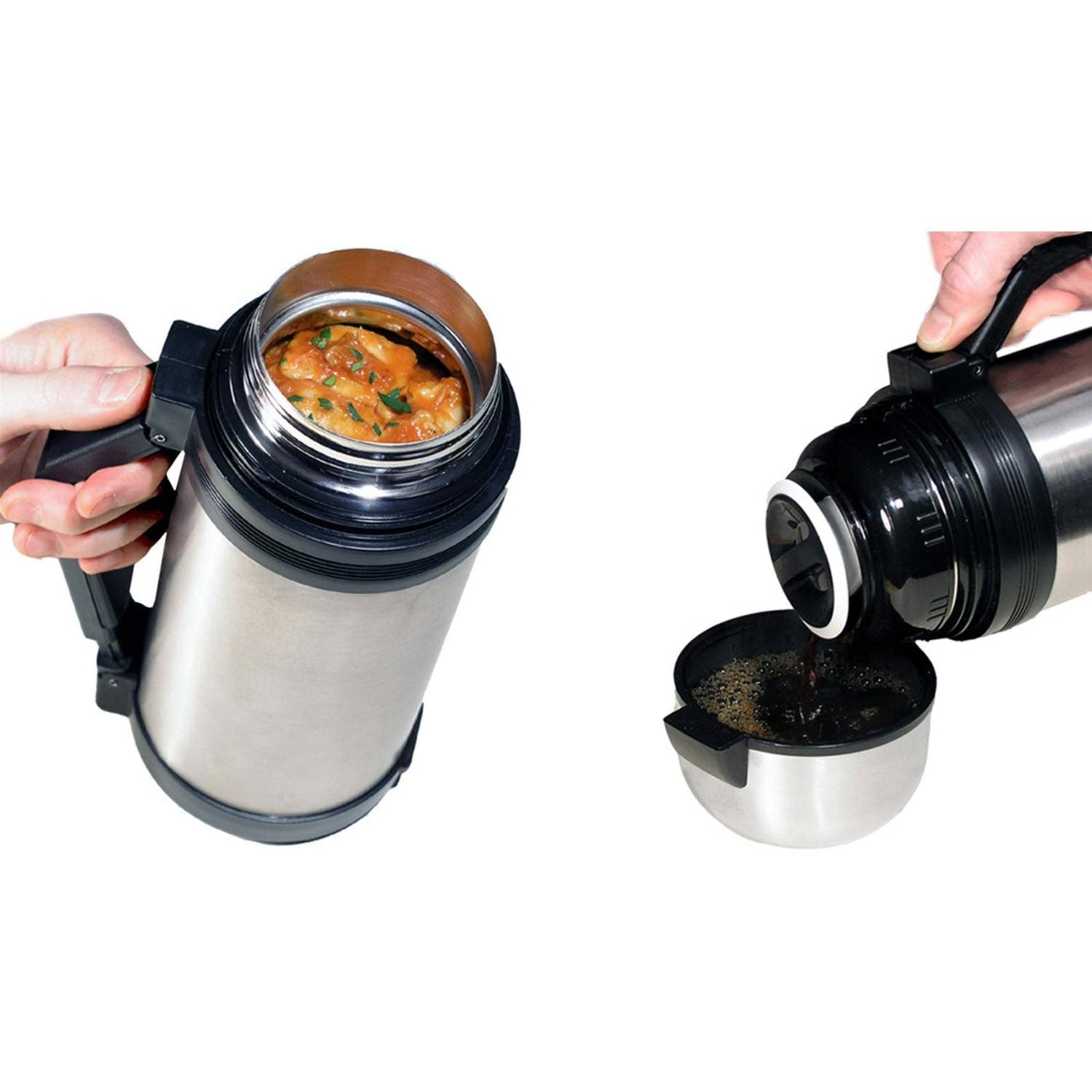 Een thermoskan gevuld met stoofpot, daarna wordt koffie in een kop geschonken.