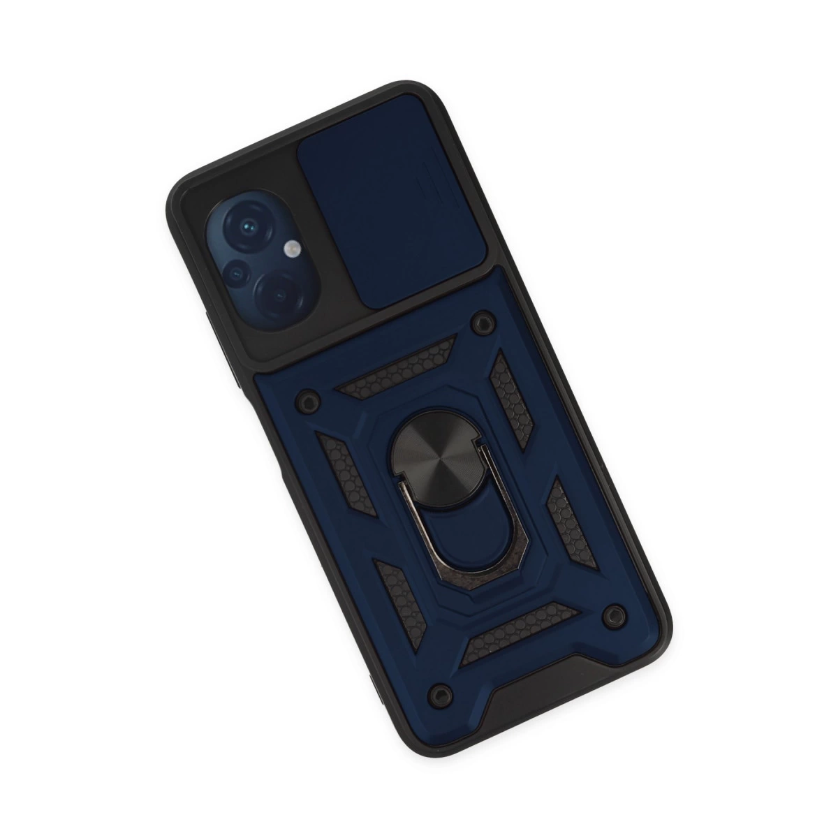 Halka tutuculu ve kayar kapaklı lacivert telefon kılıfı.
