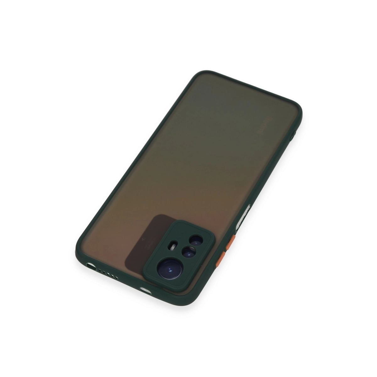 Şeffaf arka ve kamera kesimli koyu yeşil telefon kılıfı.