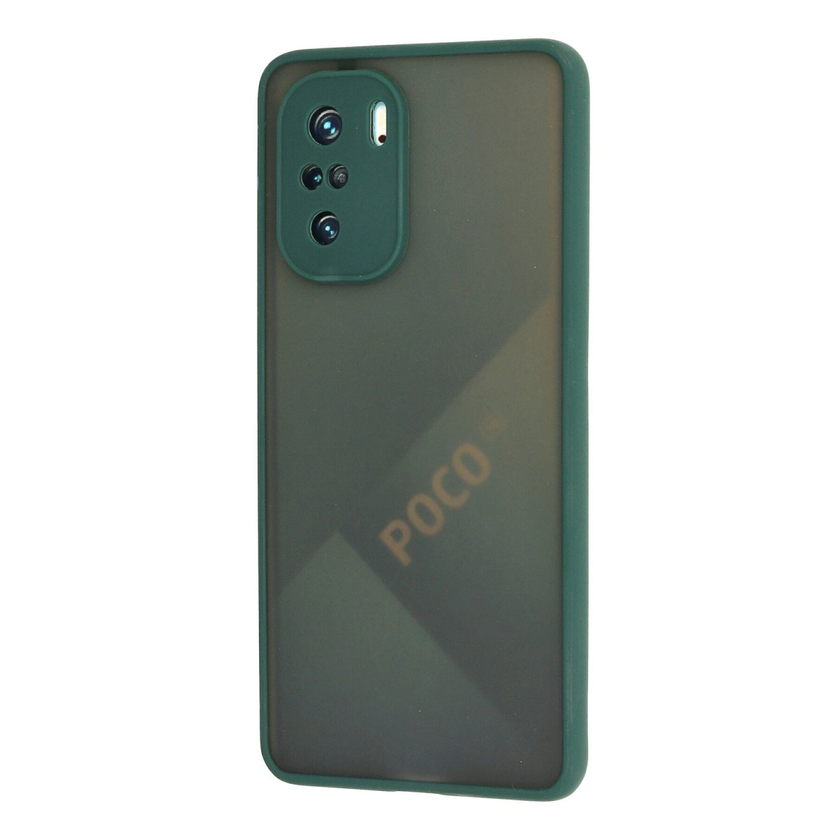 POCO logolu, üçlü kamera kesimli koyu yeşil telefon kılıfı.