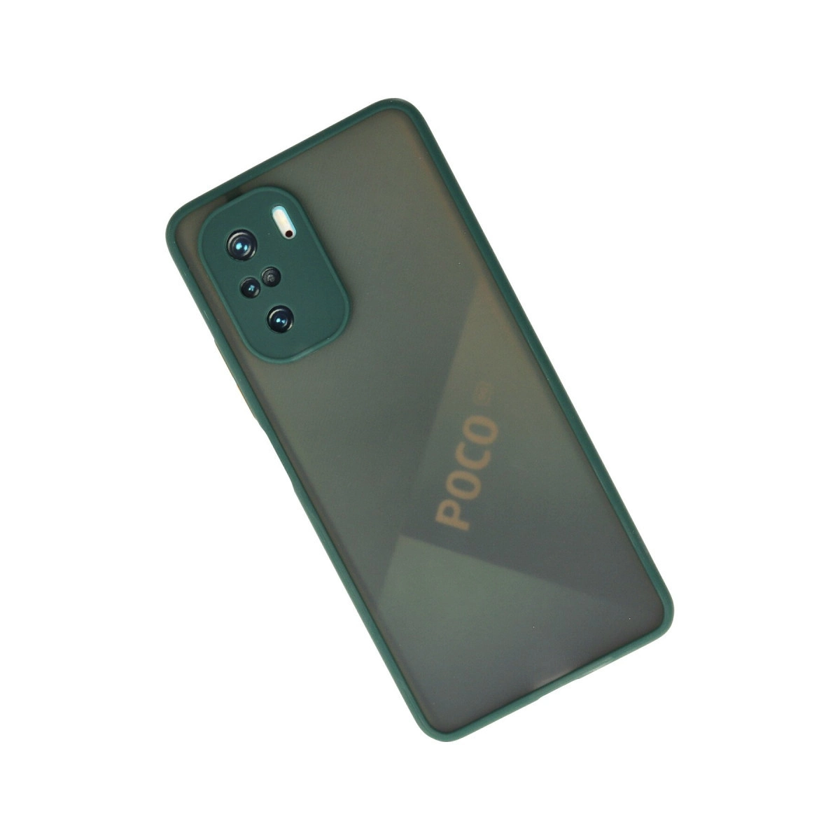 Kamera çıkıntısı ve POCO logosu bulunan koyu yeşil telefon kılıfı.