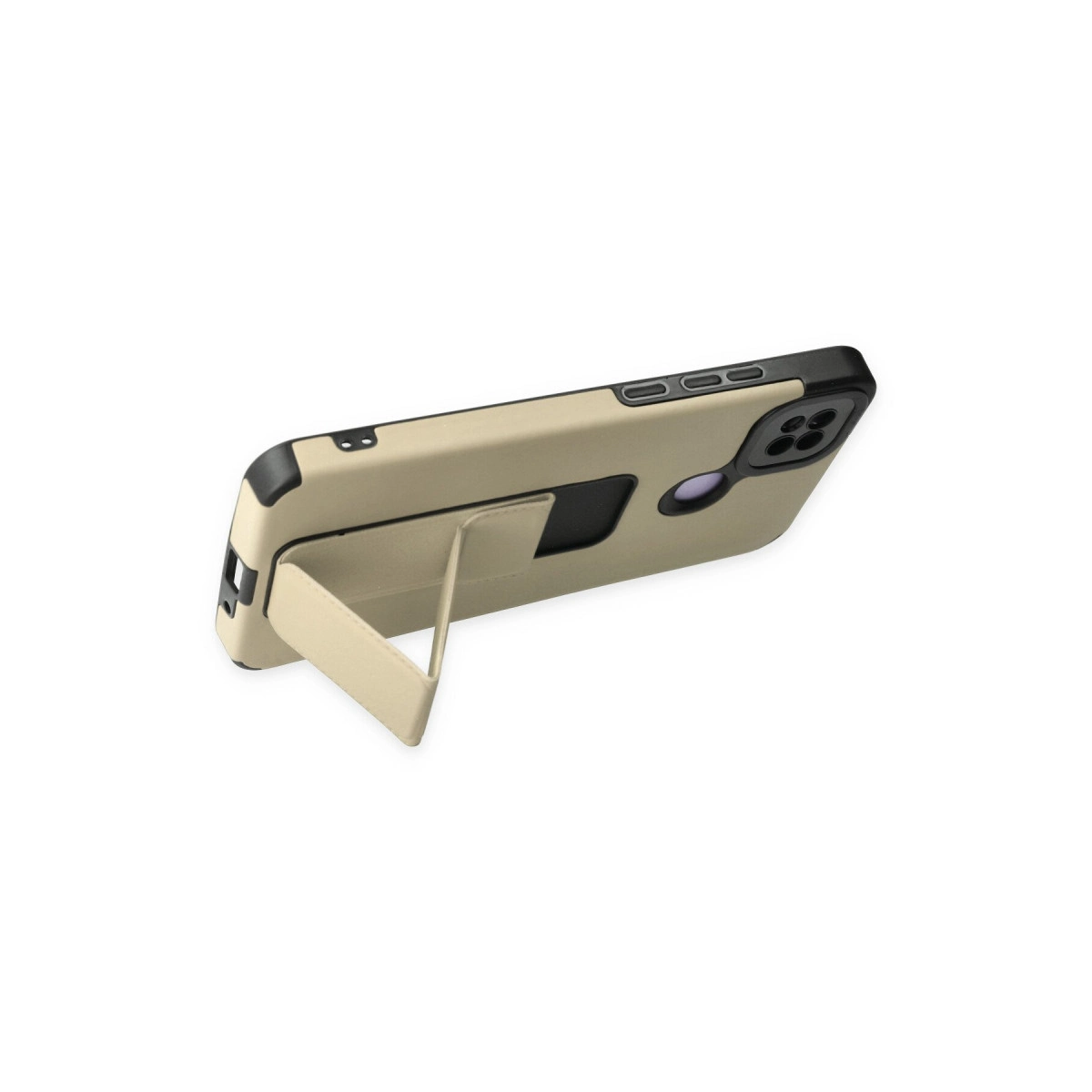 Entegre stantlı bej telefon kılıfı, yandan görünüm.