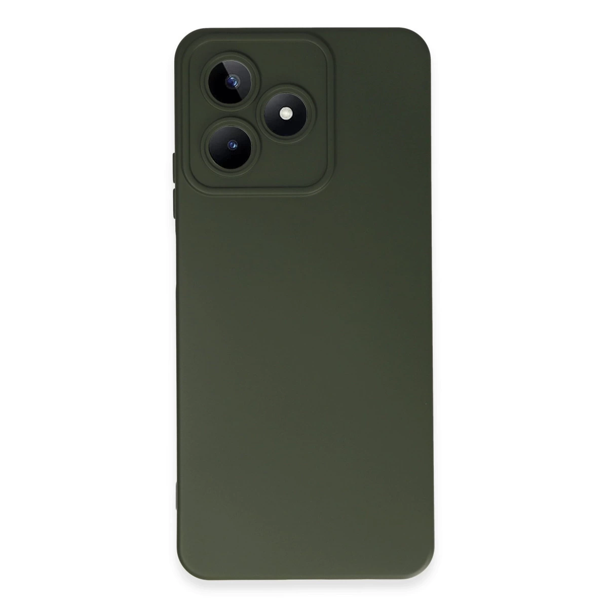 Arkada üç kamera lensi ve flaşı olan koyu yeşil telefon kılıfı.