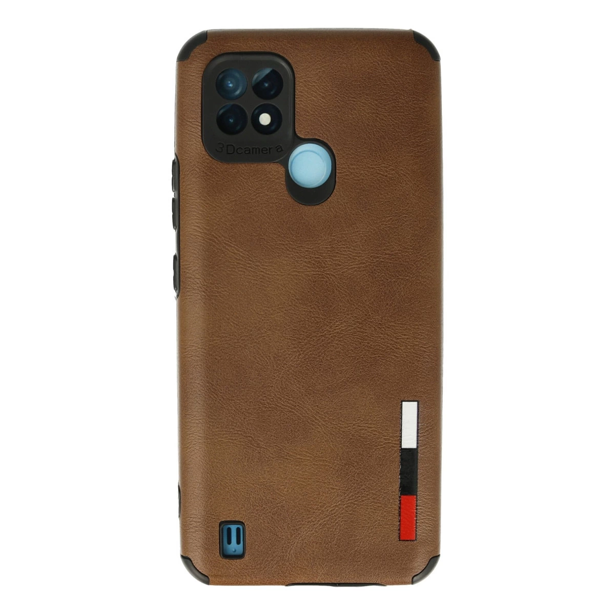 Kamera, flaş ve logolu kahverengi telefon kılıfı. Beyaz, siyah ve kırmızı çizgiler.