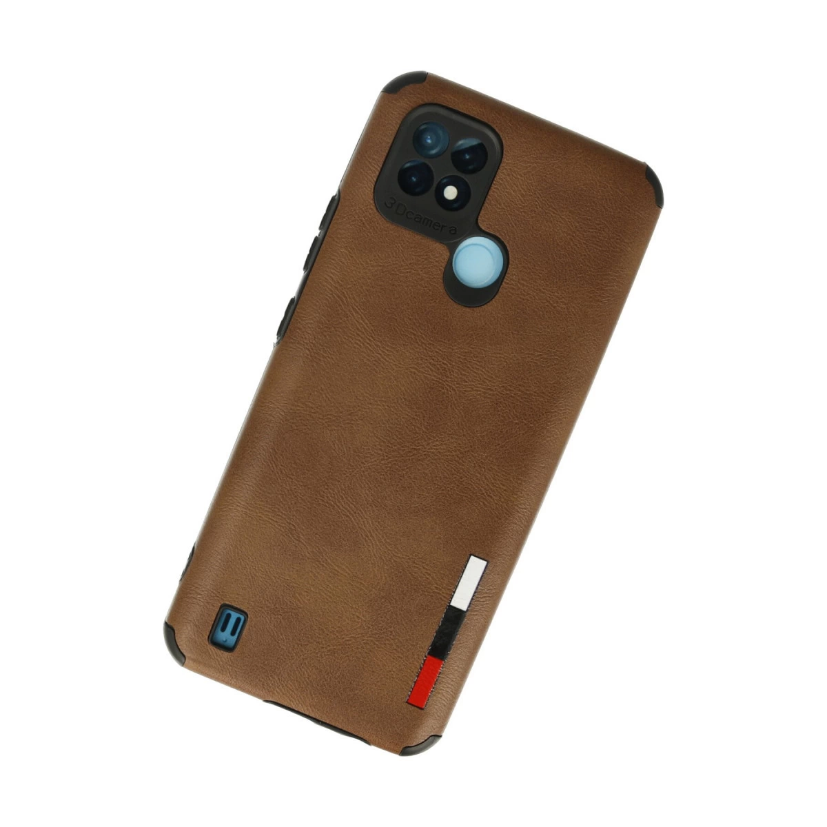 Siyah kamera modüllü ve mavi parmak izi sensörlü kahverengi telefon kılıfı.