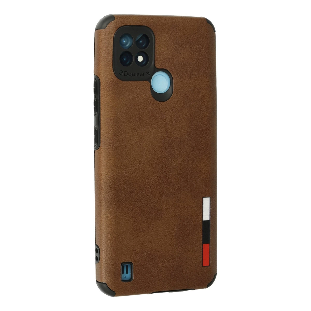 Kamera kesimli, yanları dokulu kahverengi telefon kılıfı.