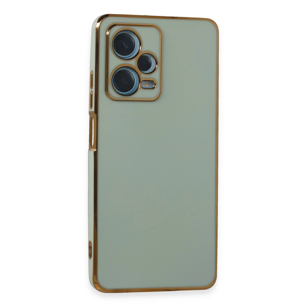 Altın kenarlı açık nane yeşili telefon kılıfı ve arkada kamera kesiği.