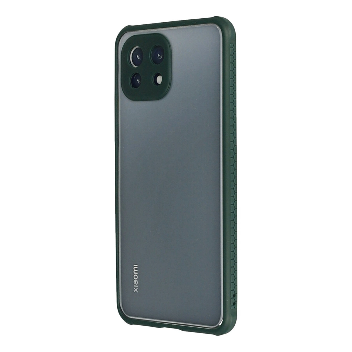 Dörtlü kamera kesimli koyu yeşil telefon kılıfı arkada.