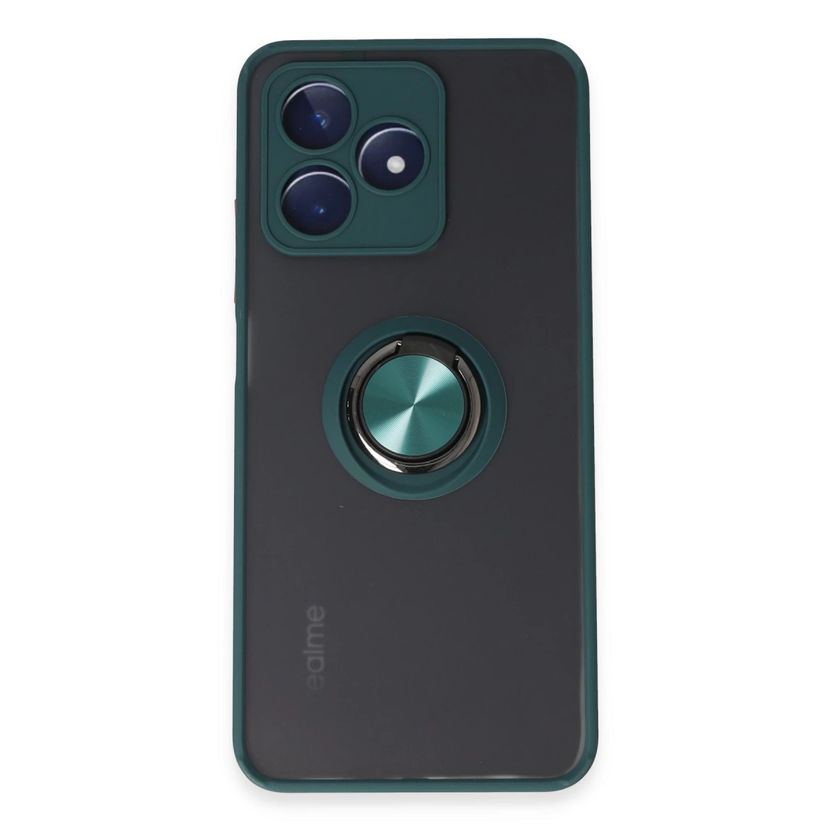 Üç lensli ve turkuaz halka tutuculu koyu gri telefon kılıfı.