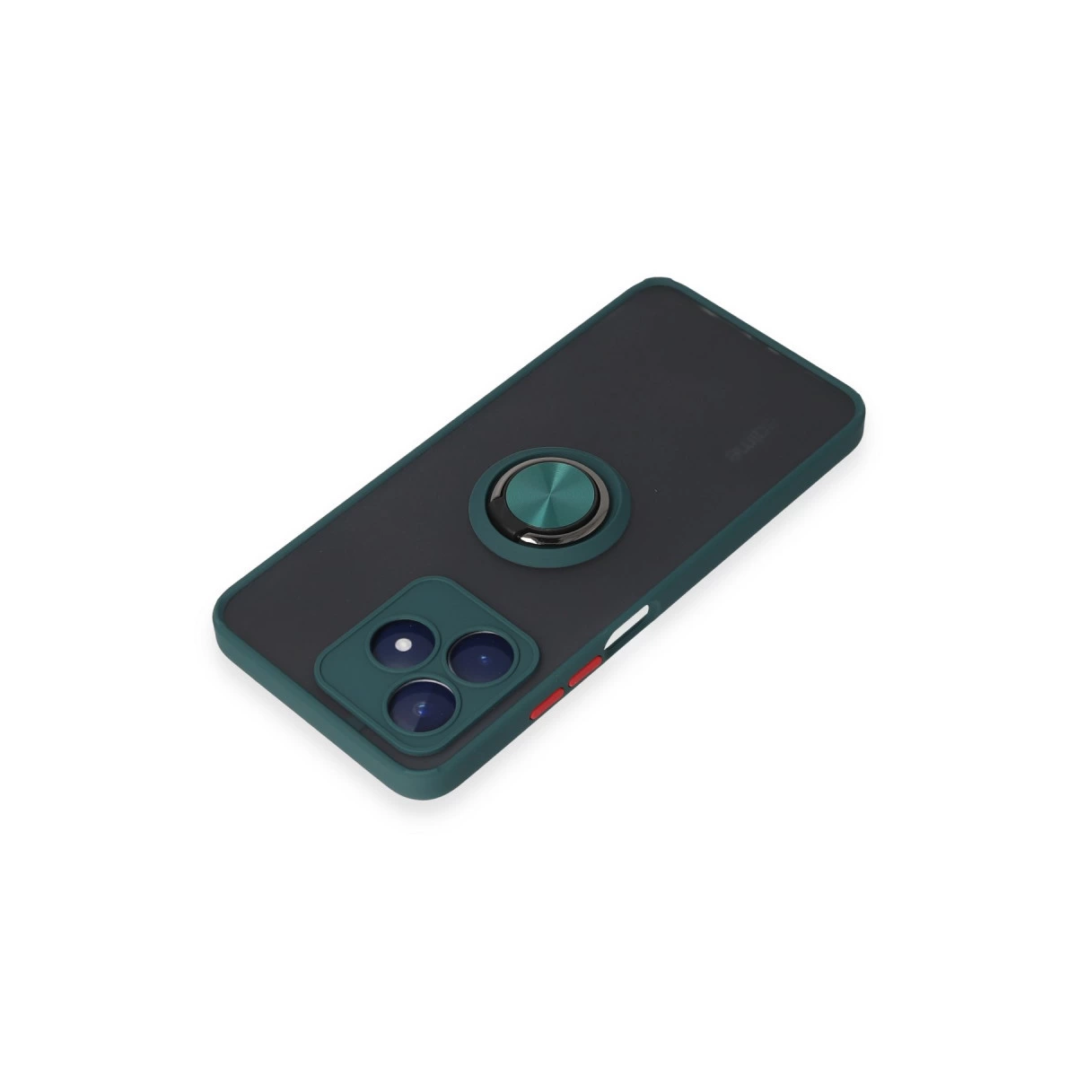 Yeşil halkalı, koyu gri telefon kılıfı, beyaz zeminde üç kamera lensi bulunur.
