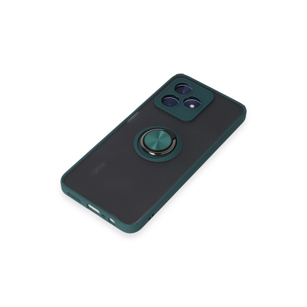Halka tutuculu ve üçlü kameralı koyu gri telefon kılıfı, yeşilimsi mavi kenar.