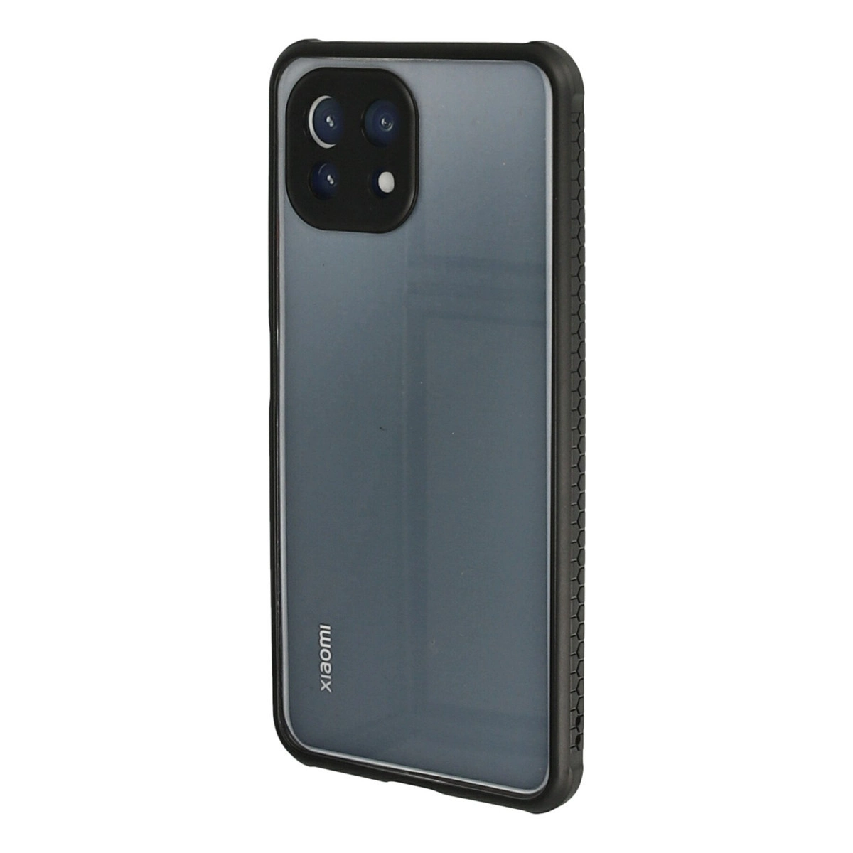 Siyah kılıflı, dört kameralı siyah Xiaomi akıllı telefonun arkası.