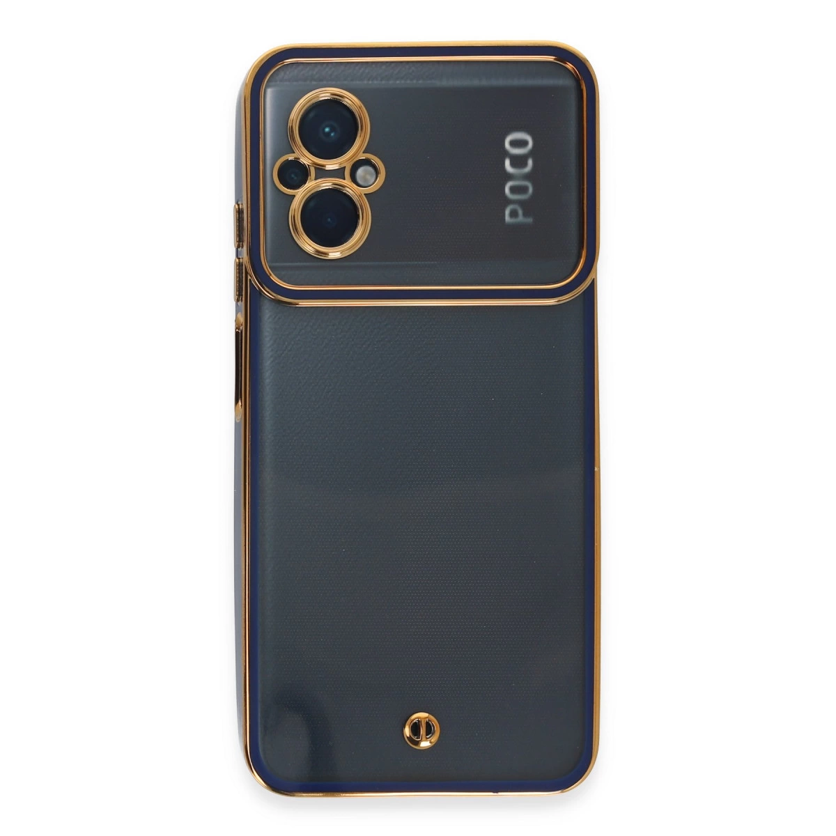 POCO logosu ve altın rengi kamera çerçeveli koyu gri akıllı telefonun arkası.