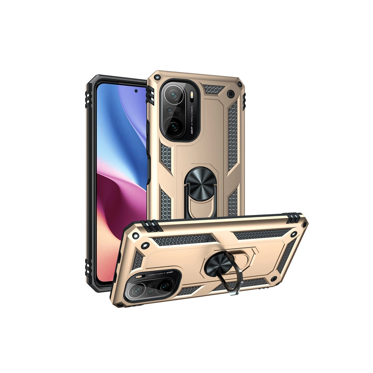 Halkalı tutuculu altın rengi telefon kılıfı, siyah vurgular.