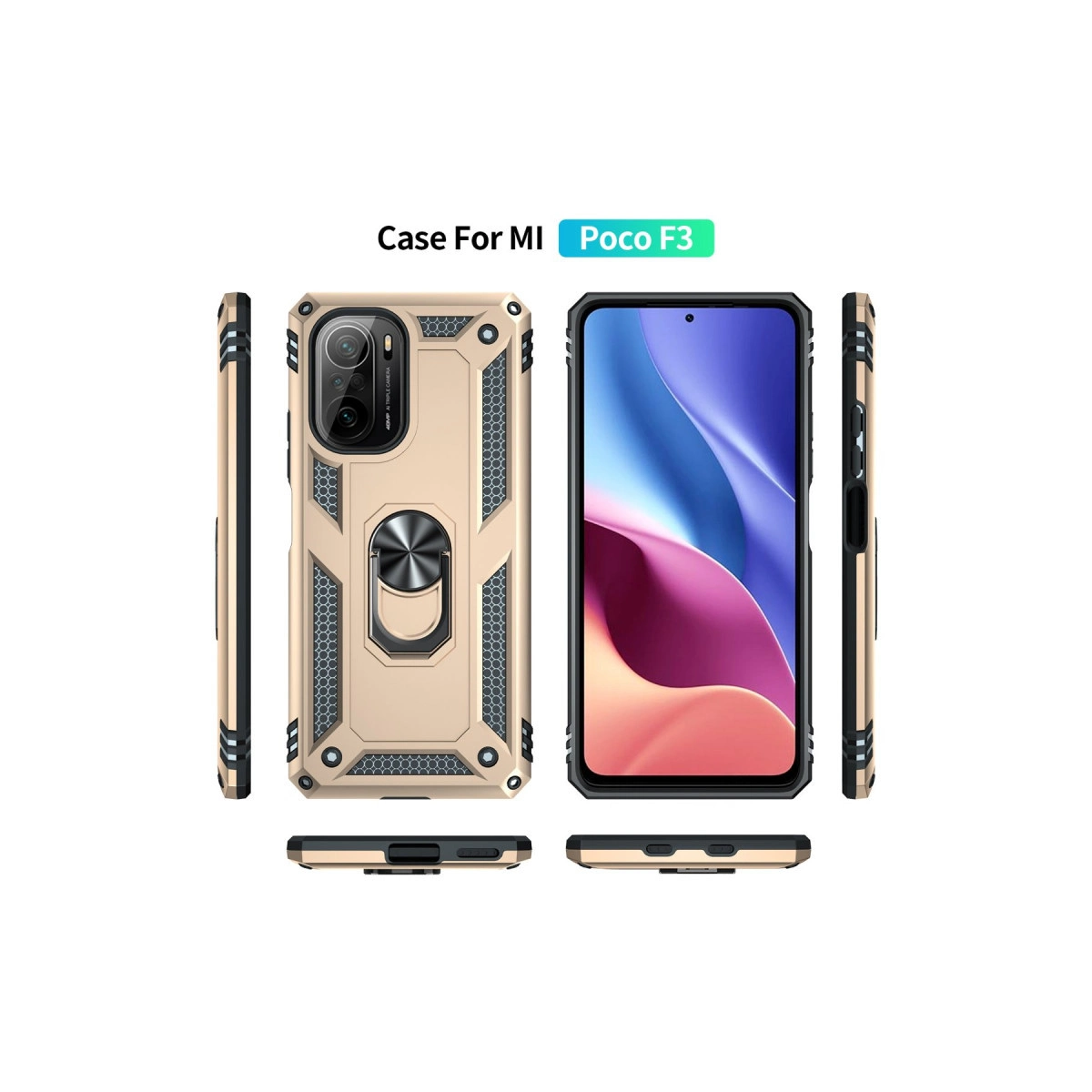 Halka tutuculu altın rengi telefon kılıfı, çeşitli açılardan gösterilmiştir.