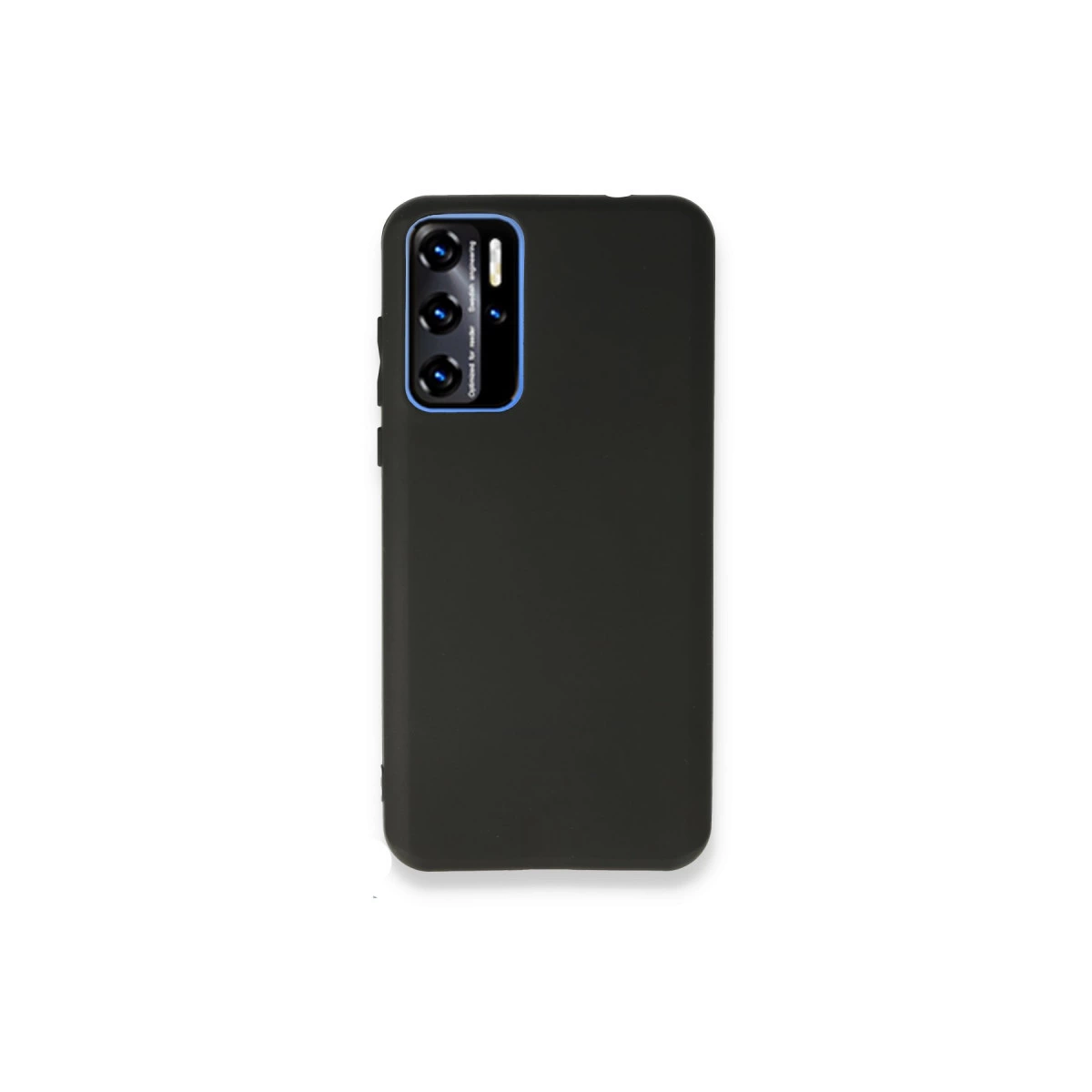 Mavi çerçeveli, üçlü kamera kesimli siyah telefon kılıfı.